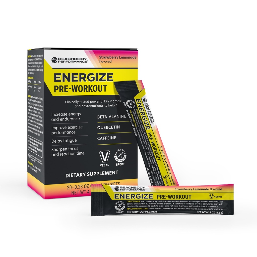 BODi Energize Pre Workout Powder - Beta- Alanine, Quercetin & Low- Dosis Coffein Formel for forbedret energi & fokus, øge energi & Endurance supplement, Strawberry Lemonade Flavored, 20 sticks