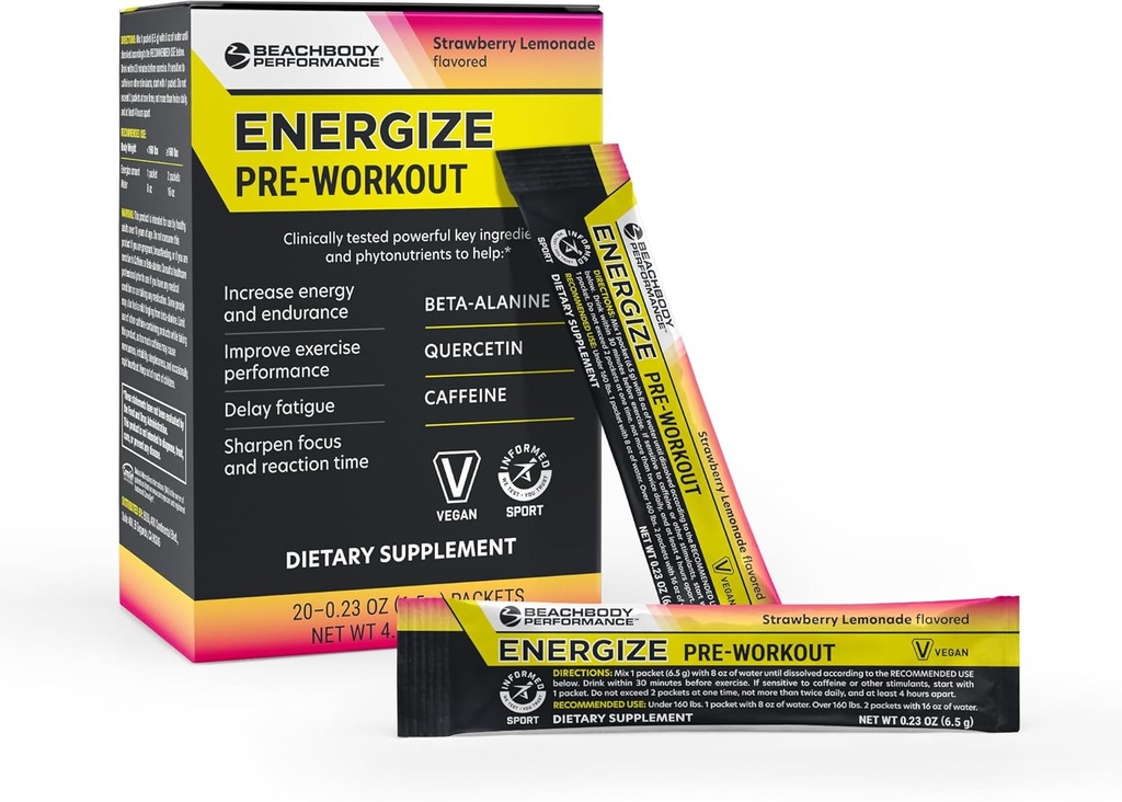 BODi Energize Pre Workout Powder - Beta-Alanine, Quercetin & Low-Dose Caffeine Formula for Enhanced Energy & Focus, Increase Energy & Endurance Supplement, Strawberry Lemonade Flavored, 20 Sticks