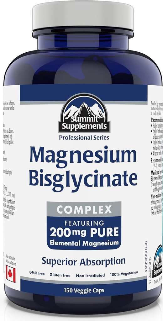 Summit Kosttilskud - Magnesium Bisglycinate Complex 200 mg, 150 Veggie Caps - Hjælper i udvikling og vedligeholdelse af knogler og tænder - Opretholde korrekt muskelfunktion & hjælper i vævsdannelse