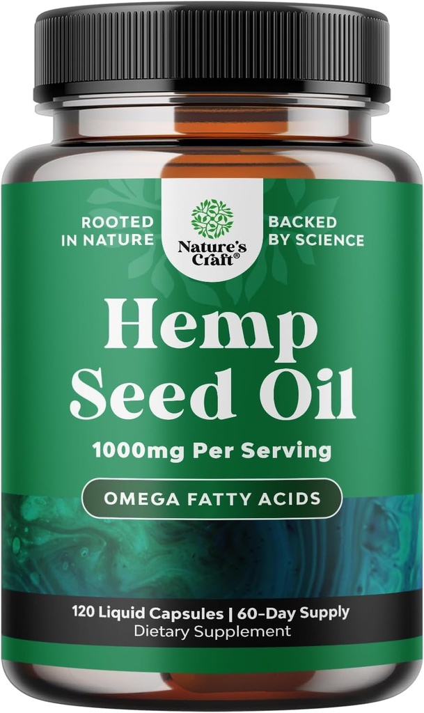 Høj Absorption Hamp Oliekapsler - Vegan Omega 3 6 9 Supplement med essentielle fede syrer til fælles støtte Afslappende kød og hud sundhed - Halal non-GMO 1000mg per Serving Hamp Seed Oliekapsler