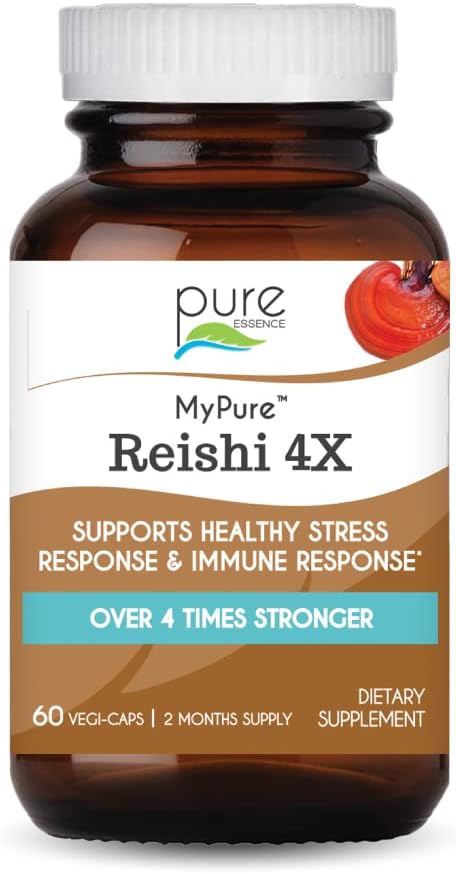 PURE VÆSENTLIGE ETIKER MyPure Reishi 4X Organic Mushrooms Supplement - 100% Real Mushroom Extract for Immunsupport, Stress Relief, Build Energy (60 kapsler)