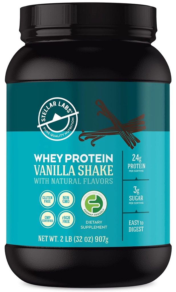 Stellar Labs Whey Protein Powder med BCAA 's & Whey Isolate ttesmå 124; Certified Low FODMAP, Non GMO, Gluten Free, Soy Free, Low Carb, Keto, med Stevia 124; All Natural Lean Post Workout Shakes