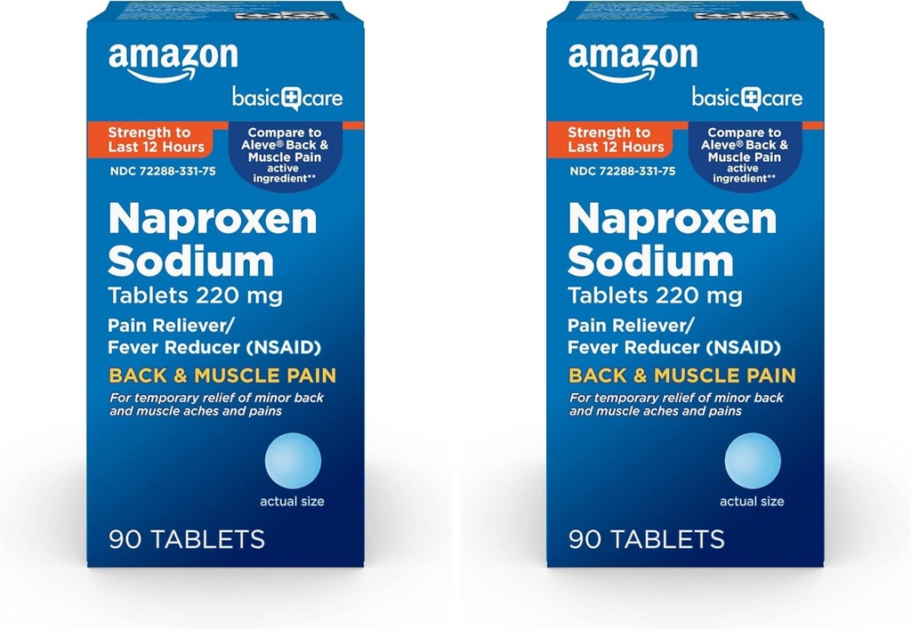Grundlæggende pleje tilbage og muskelsmerter, Naproxen natriumtabletter 220 mg, Smerte Reliever og Feber Reducer, for Backache, Muskelsmerter, Mindre Gigt Smerte, Hovedpine og mere, 90 Greve (Pack of 2)