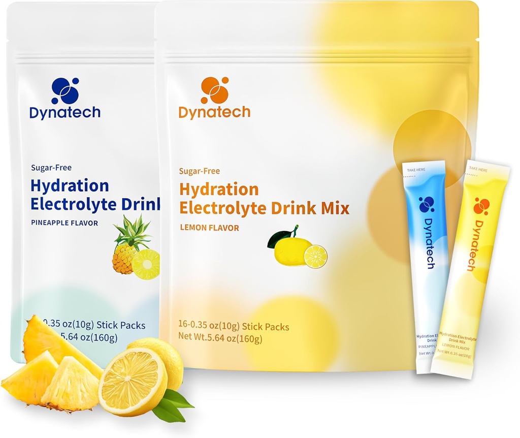 Dynatech Zero Sugar Electrolyte Drink Mix - Lemon Pineapple - Hydration Powder Pakninger med 10 Electrolytes & Vitumes