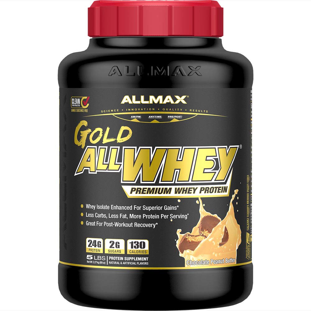 ALLMAX Gold ALLWHEY, Chocolate Peanut Butter - 5 LB - 24 Bedste Protein Per Scoop - Gluten Free, Lavcarb & Lavsukker - ca. 71 Servering