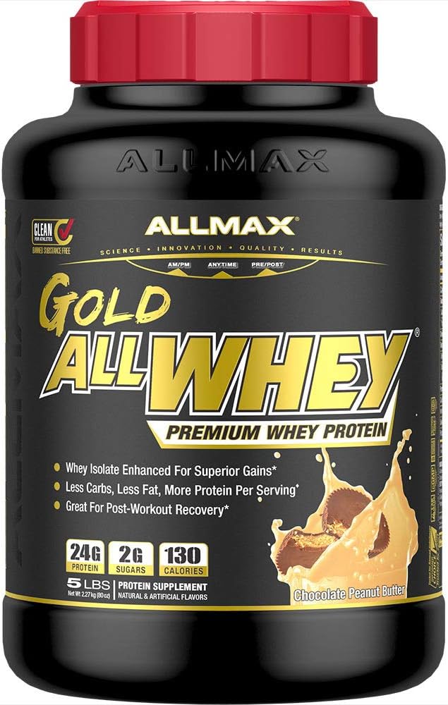 ALLMAX Gold ALLWHEY, Chocolate Peanut Butter - 5 LB - 24 Bedste Protein Per Scoop - Gluten Free, Lavcarb & Lavsukker - ca. 71 Servering