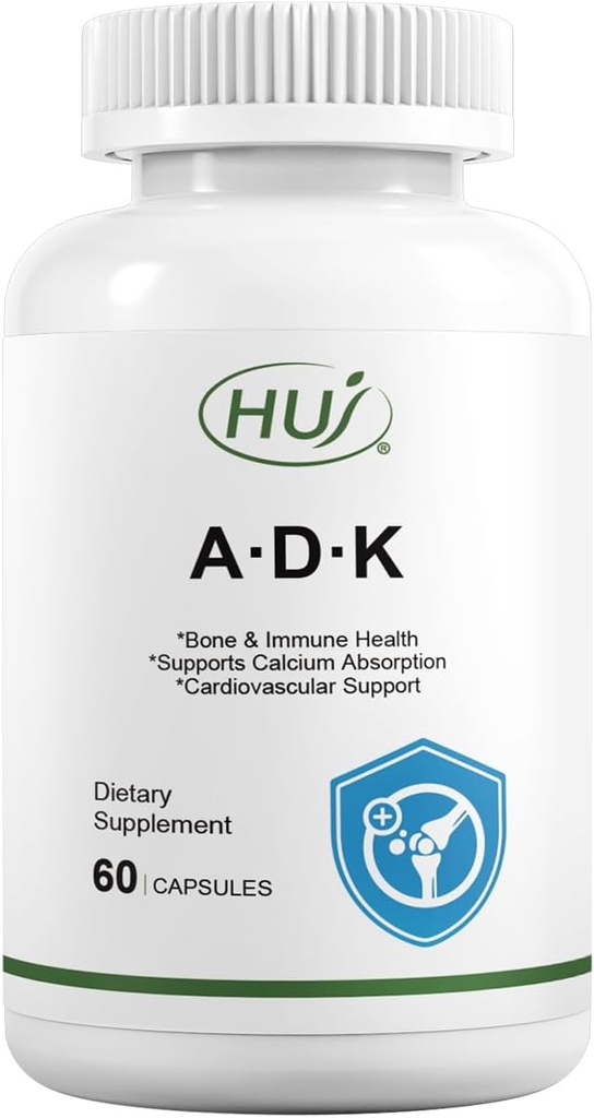 HUJ ADK Supplement, 60 Capsules, Calcium, Vitamins A, D3, K2 (MK-7)