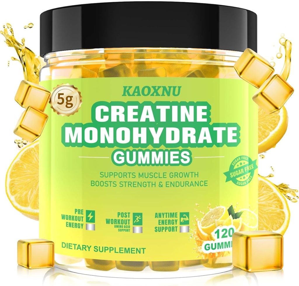 Creatine monohydrat Gummies 5600mg for mænd og kvinder, 120 CT Chewable Creatinine Gummies for Muscle Support, Energy Boost, 5,6g Creatine Monohydrat per servering - Sukker fri, Vegan (Lemon Flavor)