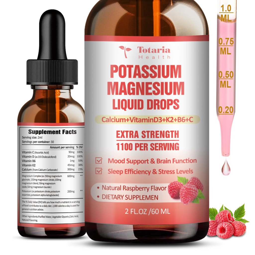 Kalium Magnesium supplement flydende dråber - Høj Absorption Kalium supplement med Magnesium, Calcium, D3 K2 Vitamin, Vegan, Non- GMO Potasio Support Leg kramper, Ben, Muskel - 2 Fl oz