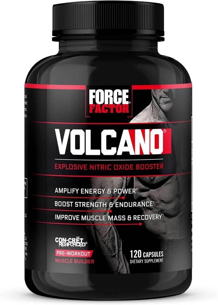 Kraftfaktor Volcano Pre Workout nitrogenoxid booster supplement til mænd med Creatin og L-Citrullin til Boost og energi, Hjælp Build Muscle, bedre pumpe og træning, 120 kapsler