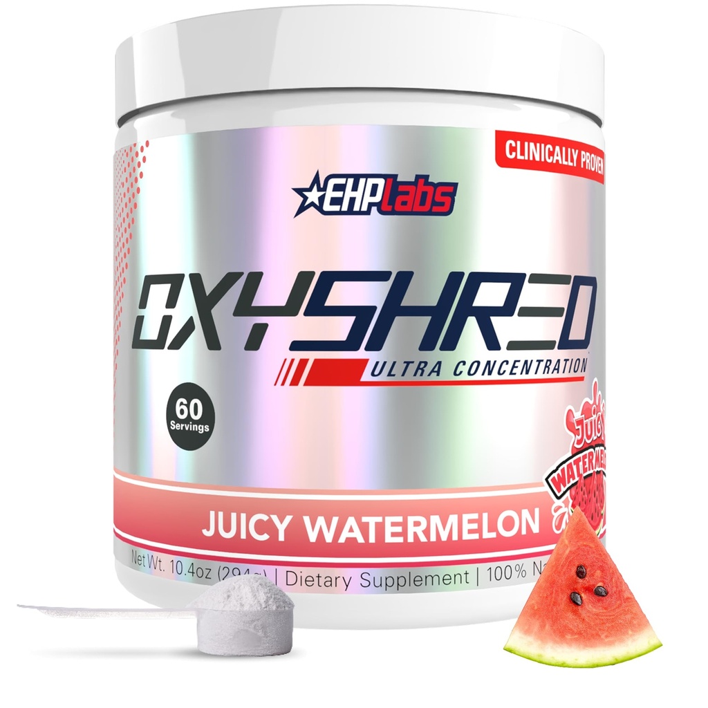 EHP Labs OxyShred Pre Workout Powder - Preworkout Powder med L Glutamin & Acetyl L Carnitin, Energy Boost Drink - Juicy Watermelon, 60 Servere