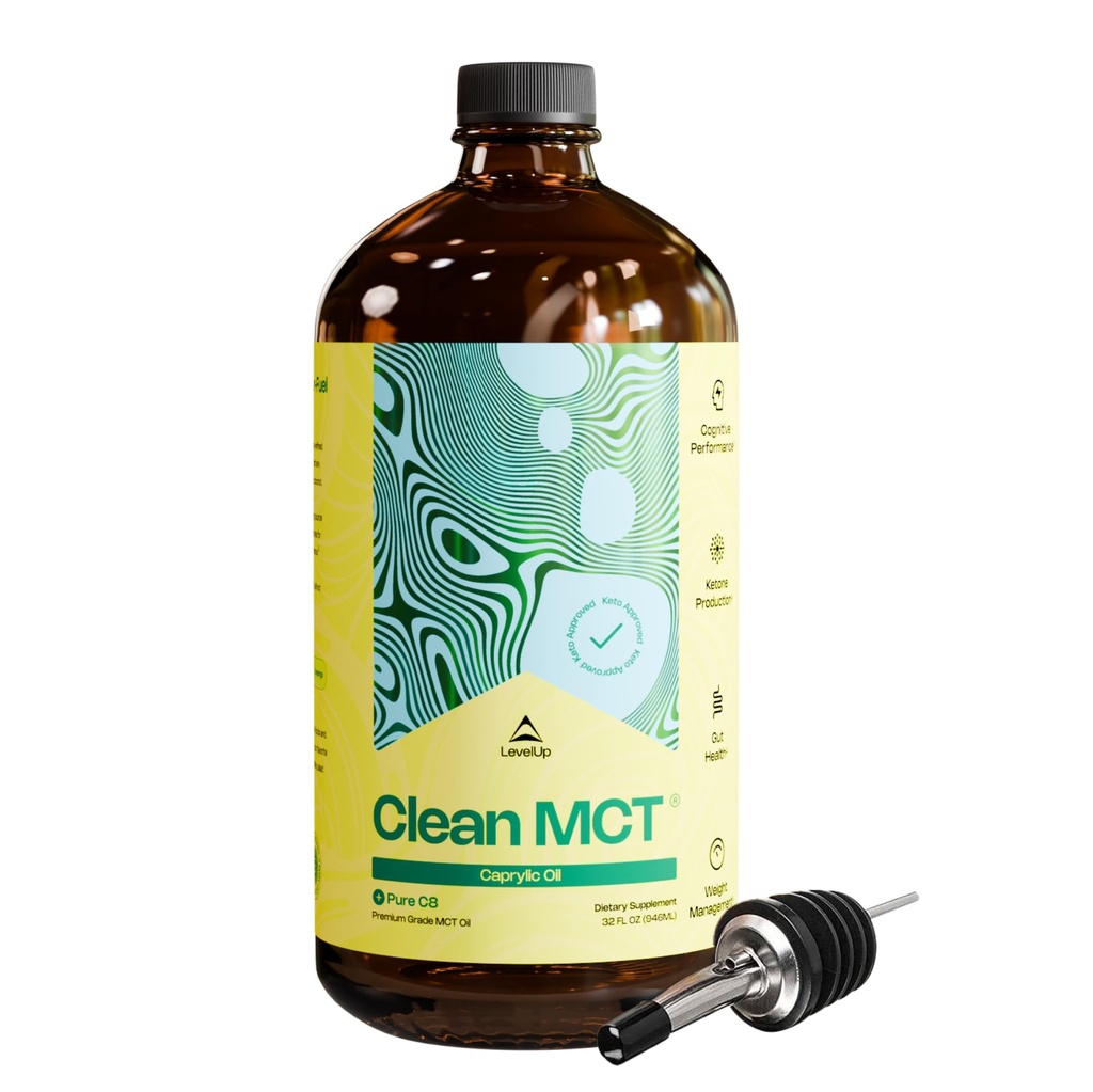 LevelUp Clean MCT Olie - 100% Cap C8 for energi, fokus, Gut Sundhed, Brain Superfuel - Keto supplement til ketogen kaffe og ketoner - Non-GMO (32 oz glasflaske)