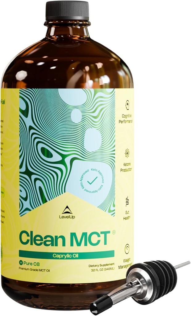 LevelUp Clean MCT Olie - 100% Cap C8 for energi, fokus, Gut Sundhed, Brain Superfuel - Keto supplement til ketogen kaffe og ketoner - Non-GMO (32 oz glasflaske)
