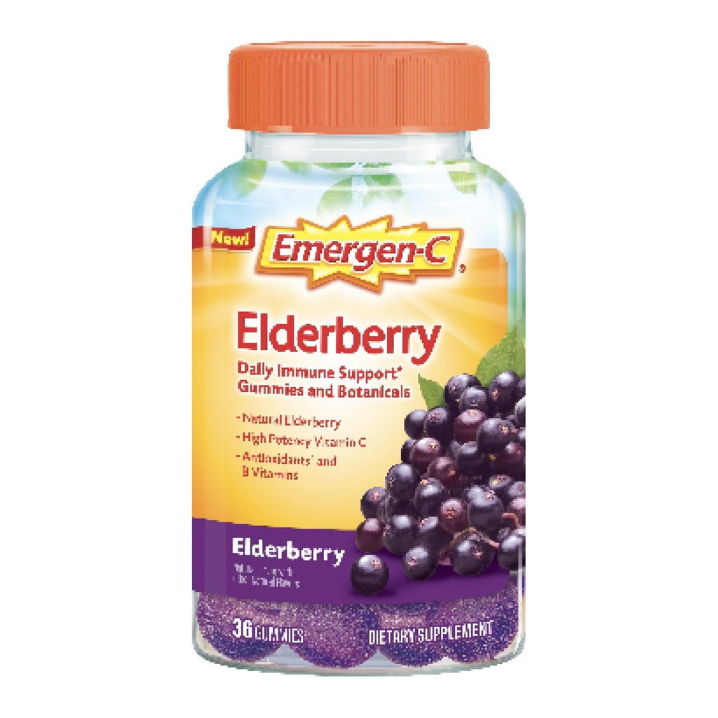 Emergen- C Elderberry Gummies, Elderberry Immunitet Support Natural Flavors med høj potens C-vitamin, Tilbage til skolen Essentials - 36 Greve