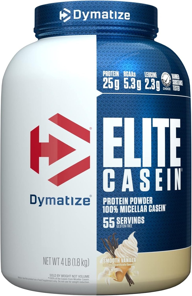 Dymatisere Elite Casein Protein Powder, Vanilla, 100% Micellar Casein, 25g Protein, 5,4g BCAA, 2,3g Leucin, Slow Absorbing for Overnight Muscle Recovery, 4 LB (55 Servere)