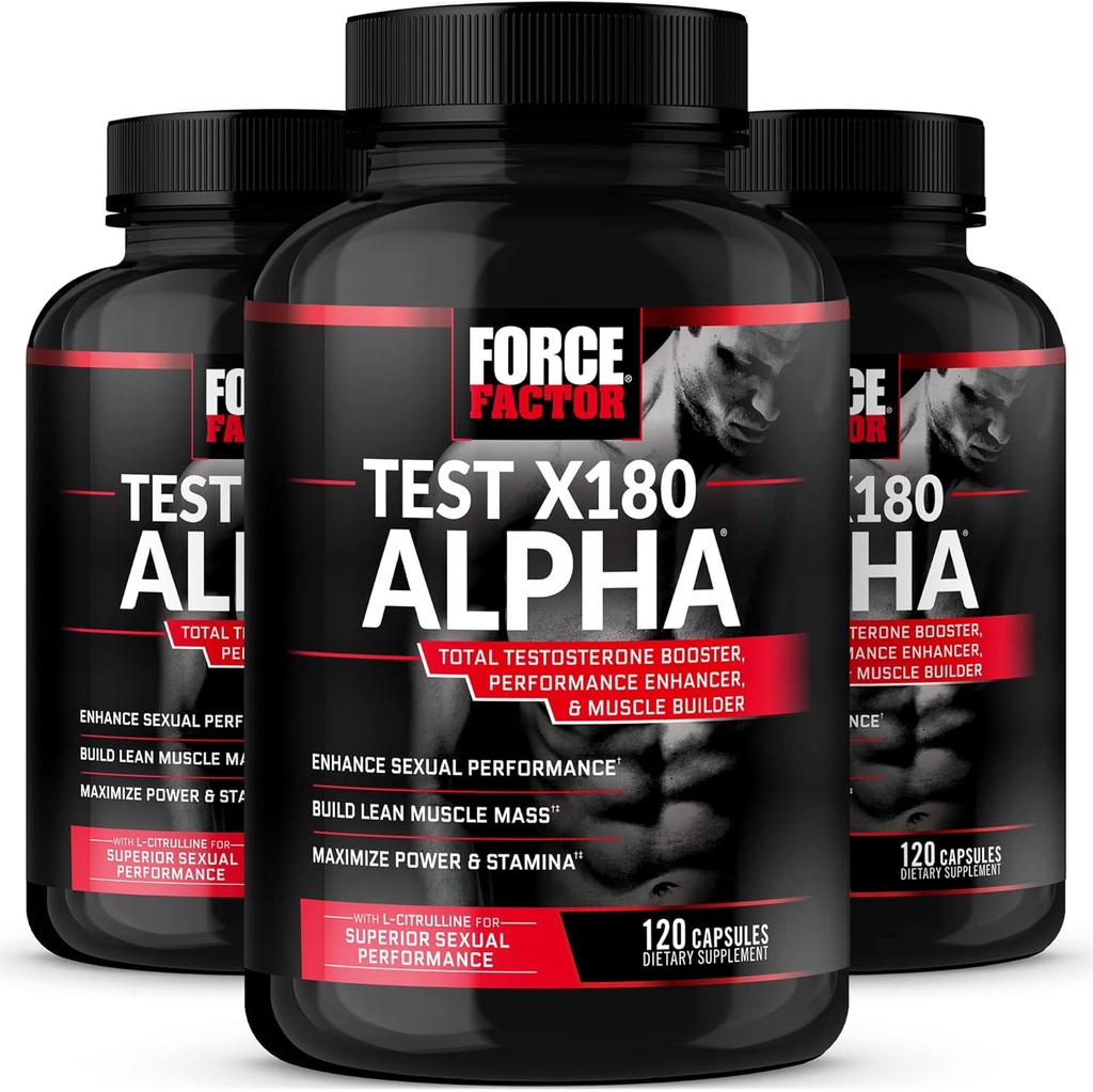 Force Factor Test X180 Alpha, Testosteron Booster for mænd, Testosteron supplement med L- Citrullin til at hjælpe med at opbygge muskel og styrke, Boost nitrogenoxid for ydeevne, 120 Greve (pakke med 3)