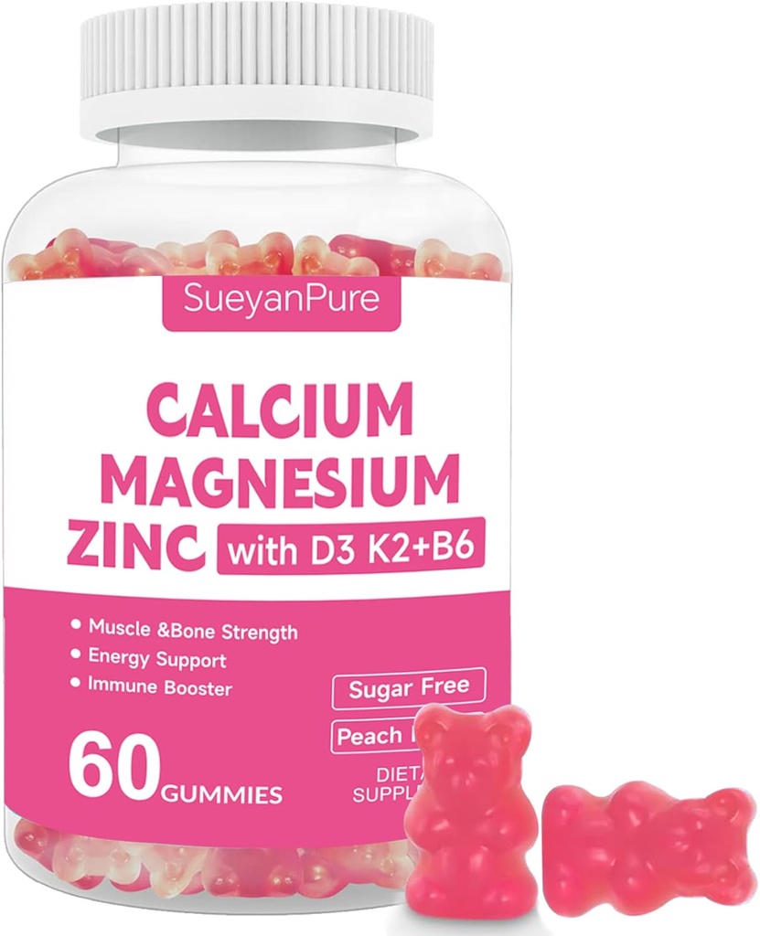 Sugar Free Calcium Magnesium Zinc Gummies with VC D3 &B6 &K2,600mg Calcium Gummies with 300mg Magnesium Support Bone & Muscle for Adults and Teens (60 Count (Pack of 1))