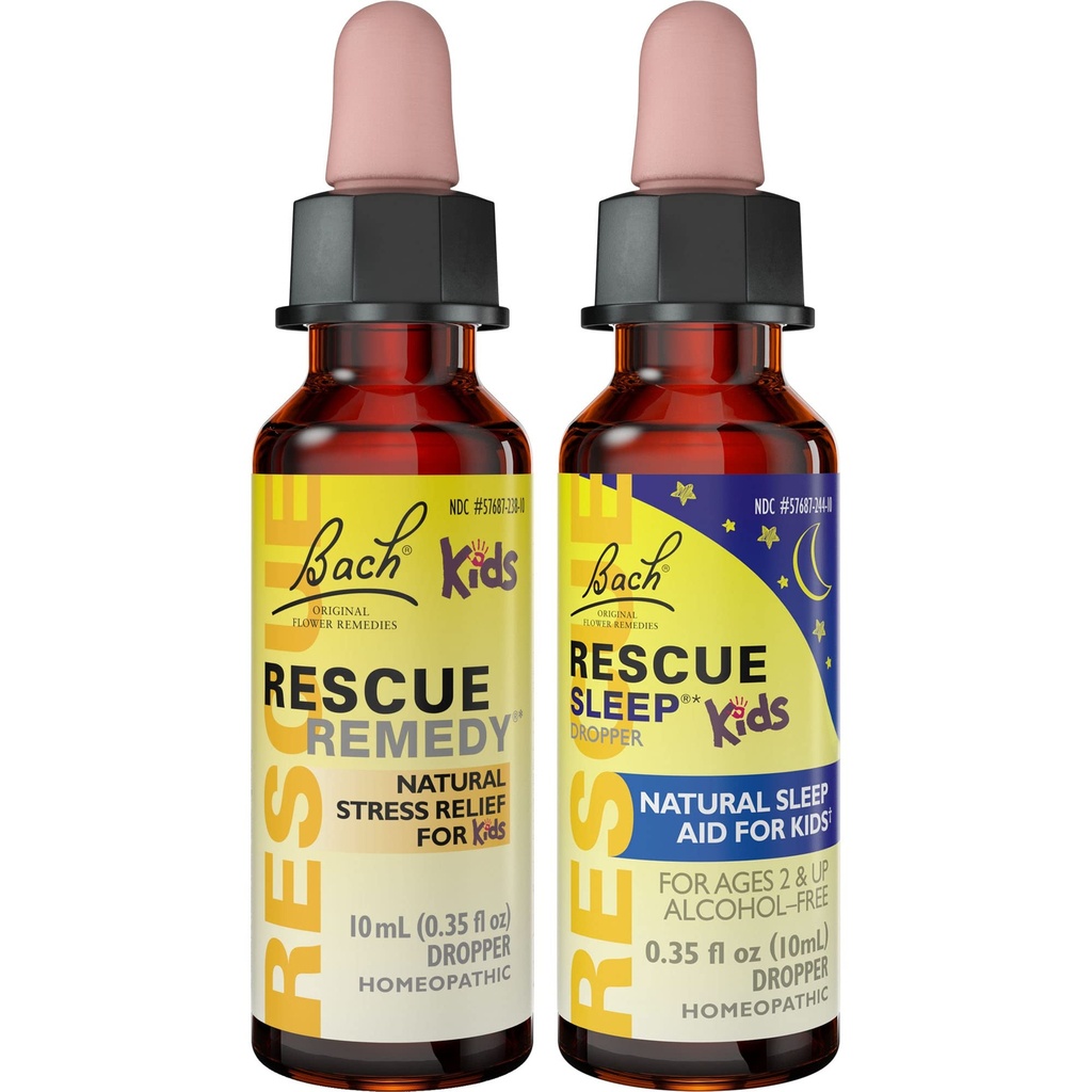 Kids Day & Night Bundle, Bach RESCUE Remedy Kids Dropper [og] RESCUE Sleep Kids Dropper-2-Pk, Stress Relief & Sleep Support med naturlige blomst Essences, Homøopatisk, Non- Alkohol Formel, 10ml Ea