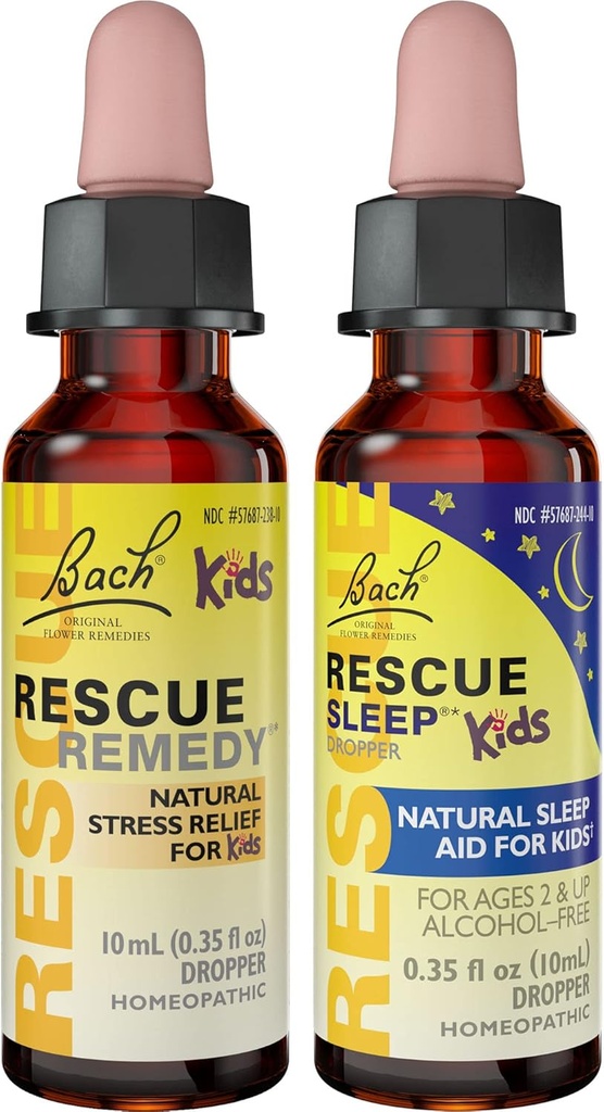 Kids Day & Night Bundle, Bach RESCUE Remedy Kids Dropper [og] RESCUE Sleep Kids Dropper-2-Pk, Stress Relief & Sleep Support med naturlige blomst Essences, Homøopatisk, Non- Alkohol Formel, 10ml Ea