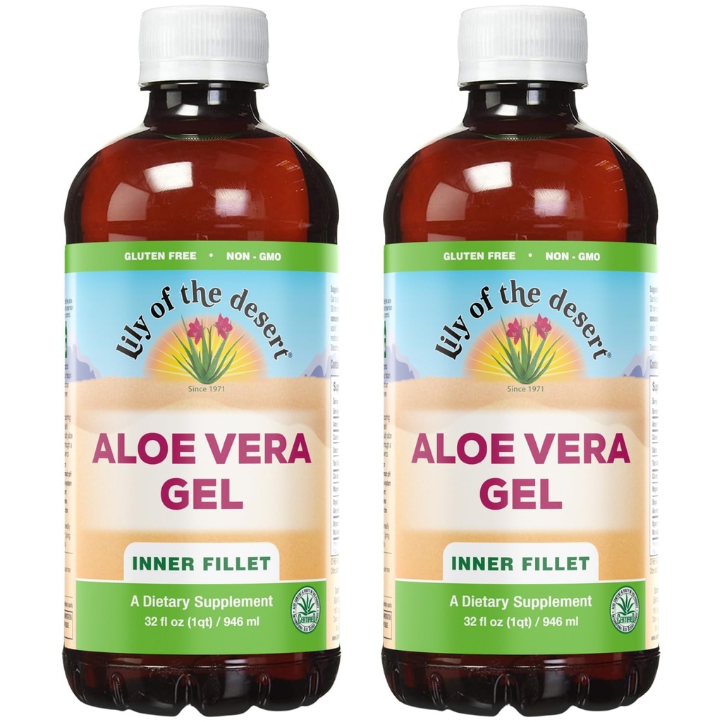 Lily of the Desert Aloe Vera Gel - Indre Fillet Thicker Consistency Aloe Vera Drikke med naturlige vitaminer, fordøjelige enzymer til Gut Health, Mave Relief, Wellness, glødende hud, 32 Oz (Pack of 2)
