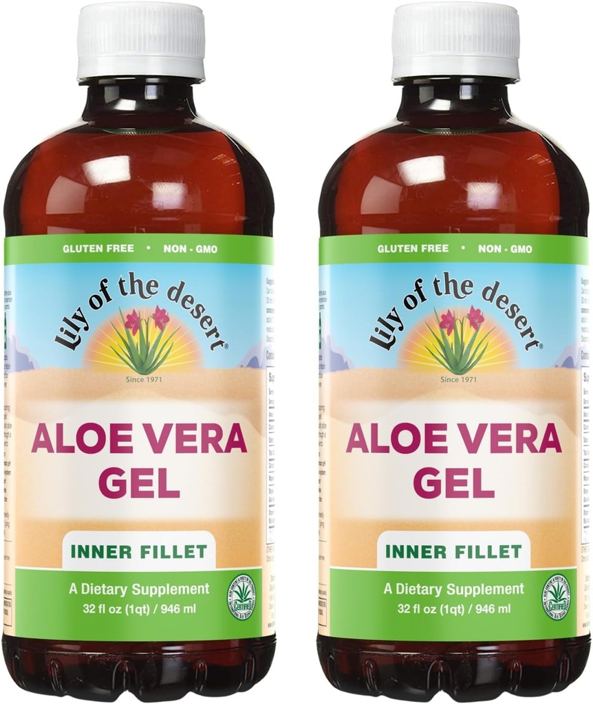 Lily of the Desert Aloe Vera Gel - Indre Fillet Thicker Consistency Aloe Vera Drikke med naturlige vitaminer, fordøjelige enzymer til Gut Health, Mave Relief, Wellness, glødende hud, 32 Oz (Pack of 2)