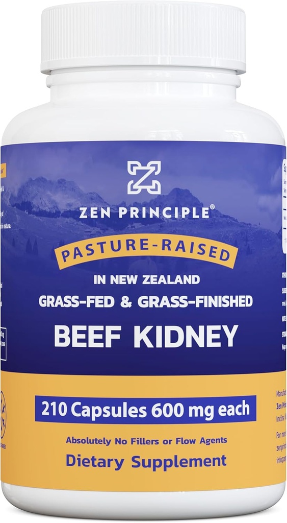 Zen Principial Grass Fed Beef Nyre Supplement, 210 Kapsler, 3000 mg. DAO Enzyme for Histamin Sundhed. Selenium og B12 til thyreoideastøtte.