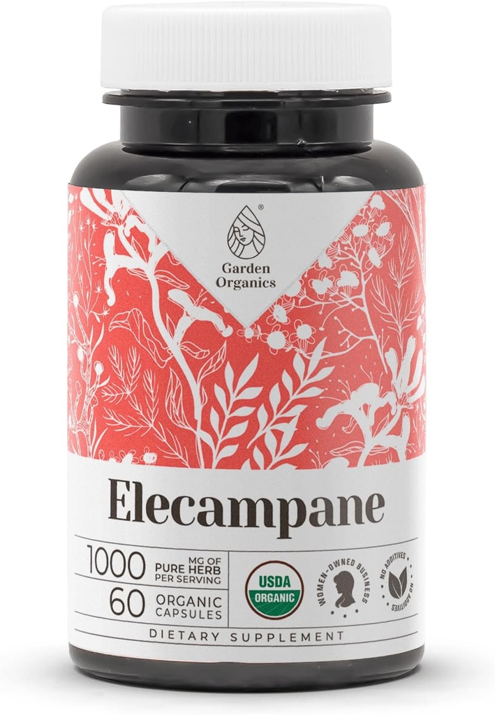 Elecampane USDA Organic 60 Kapsler Note 124; High- potency Natural Supplement Note 124; Certified Organic Vegetary Capsules and Organic Elecampane (Inula Helenium) Tørret rod (60 Kapsler)
