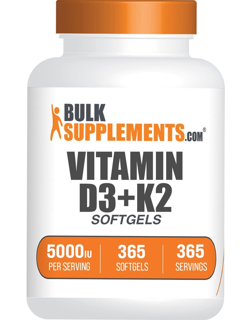 BulkSupplements.com D3- vitamin + K2 5000 IE Softgels - D3 K2 Supplement, for immunsundhed - Gluten Free, 1 Softgel per servering, 365 Count (pakke med 1)