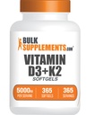 BulkSupplements.com D3- vitamin + K2 5000 IE Softgels - D3 K2 Supplement, for immunsundhed - Gluten Free, 1 Softgel per servering, 365 Count (pakke med 1)