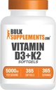 BulkSupplements.com Vitamin D3 + K2 5000 IU Softgels - D3 K2 Supplement, for Immune Health - Gluten Free, 1 Softgel per Serving, 365 Count (Pack of 1)
