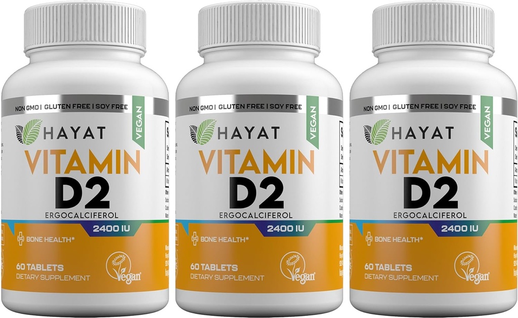 HAYAT Vitaminer Vegan Natural Vitamin D 2400 IE, D2, Certificeret Halal (pakning med 3)