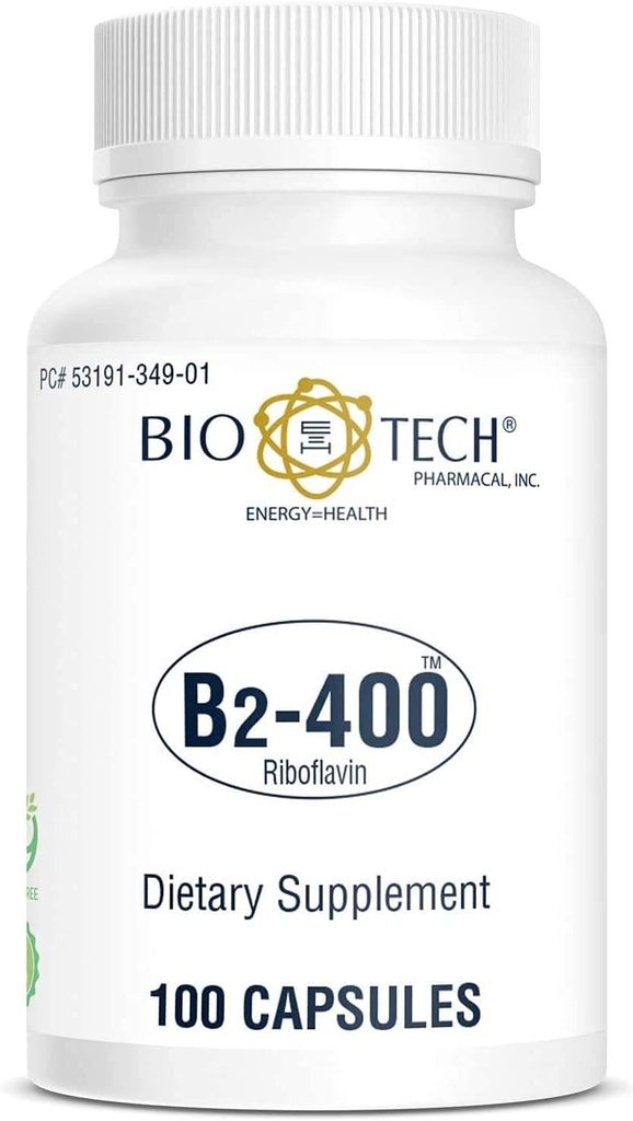 Bio- Tech Pharmacal B2-400, 100 kapsler - All- Natural Supplement - Understøtter Klarhed og Produktivitet - Ingen Dairy, Fish, Gluten, Peanut, Shellfish, GMOS, & Soy - Ingen kunstige farver