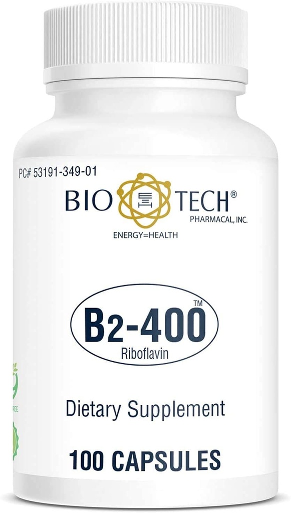 Bio- Tech Pharmacal B2-400, 100 kapsler - All- Natural Supplement - Understøtter Klarhed og Produktivitet - Ingen Dairy, Fish, Gluten, Peanut, Shellfish, GMOS, & Soy - Ingen kunstige farver
