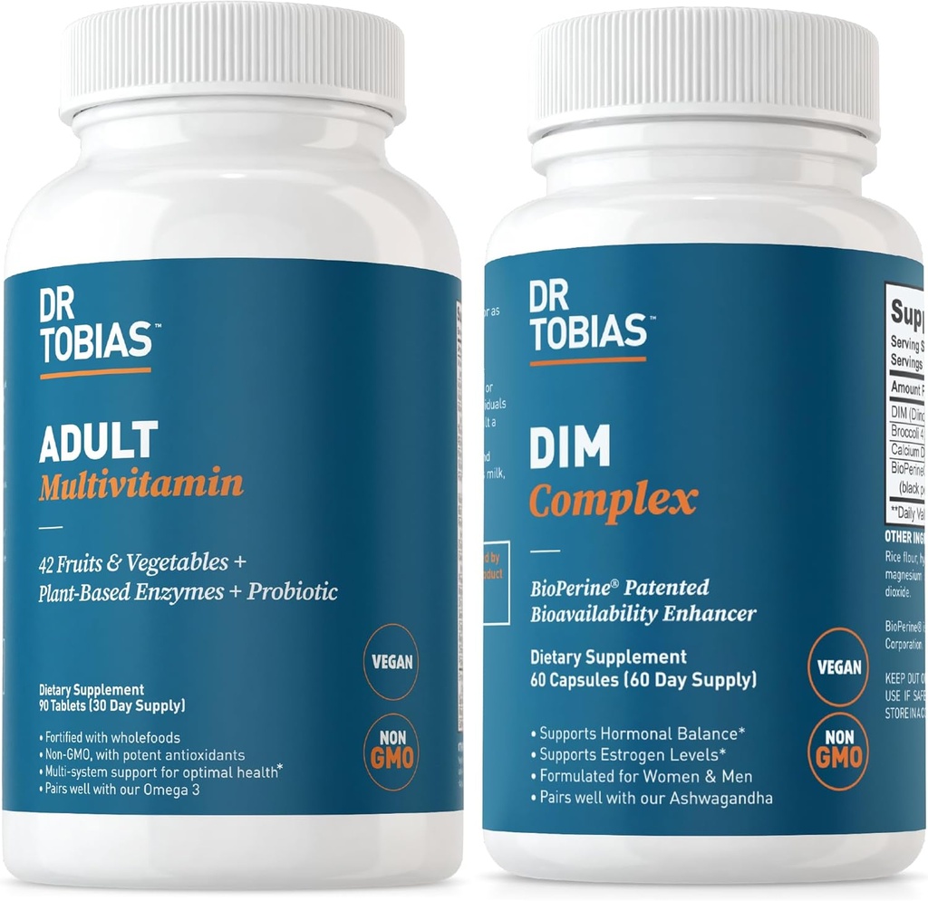 Dr. Tobias Voksen Multivitamin & DIM Complex, understøtter energi, immunforsvar og hormon Balance for mænd og kvinder med 42 frugter & grøntsager, BioPerine, Broccoli Extract & Calcium, Non- GMO