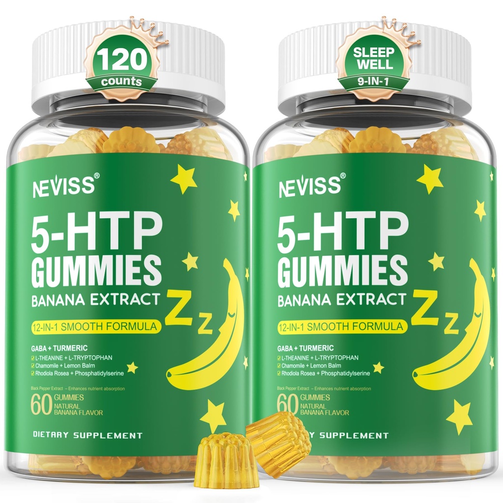 5-HTP Gummies + GABA - Melatonin Free - Afslapning Gummies med Banana Extract, L- Theanine, L- Tryptophan, Vitamin D3 for sund hvilecyklus & Circadian Rhythm, Brain Function & Muscle Rhythm, Pack of 2