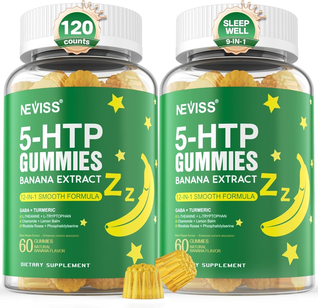 5-HTP Gummies + GABA - Melatonin Free - Afslapning Gummies med Banana Extract, L- Theanine, L- Tryptophan, Vitamin D3 for sund hvilecyklus & Circadian Rhythm, Brain Function & Muscle Rhythm, Pack of 2
