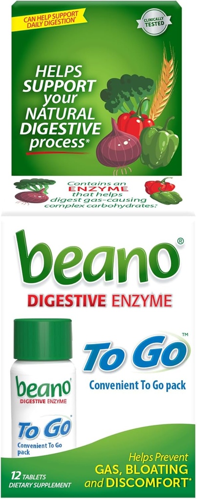 beano To Go Gas Prevention, Food Enzyme Kosttilskud, Hjælp Digest gas-forårsager fødevarer, 12 tabletter