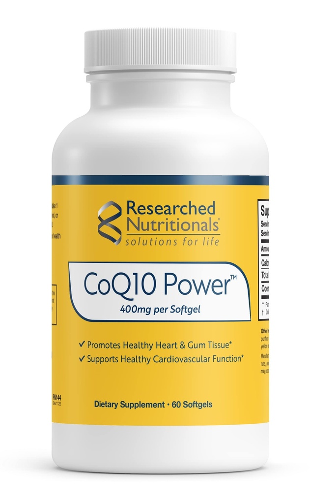 Researched Nutritionals CoQ10 400mg Softgels for Heart Health - Therapeutic - Strength Coenzym Q10 Supplement - Support Natural Energy & Immune Function, Promote Sund Gum Tissue (60 Softgels)