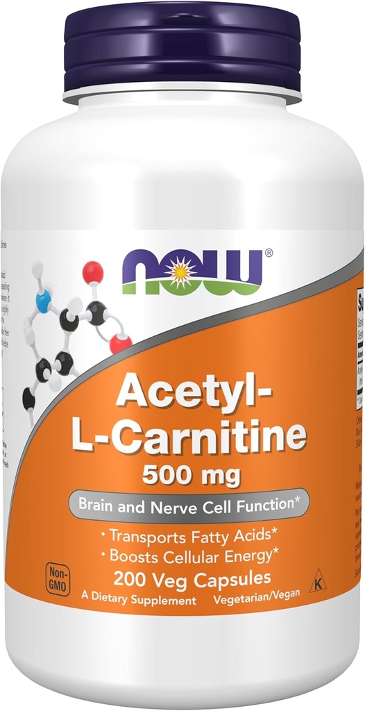 NOW Foods Supplements, Acetyl-L Carnitine 500 mg, Amino Acid, Brain And Nerve Cell Function*, 200 Veg Capsules