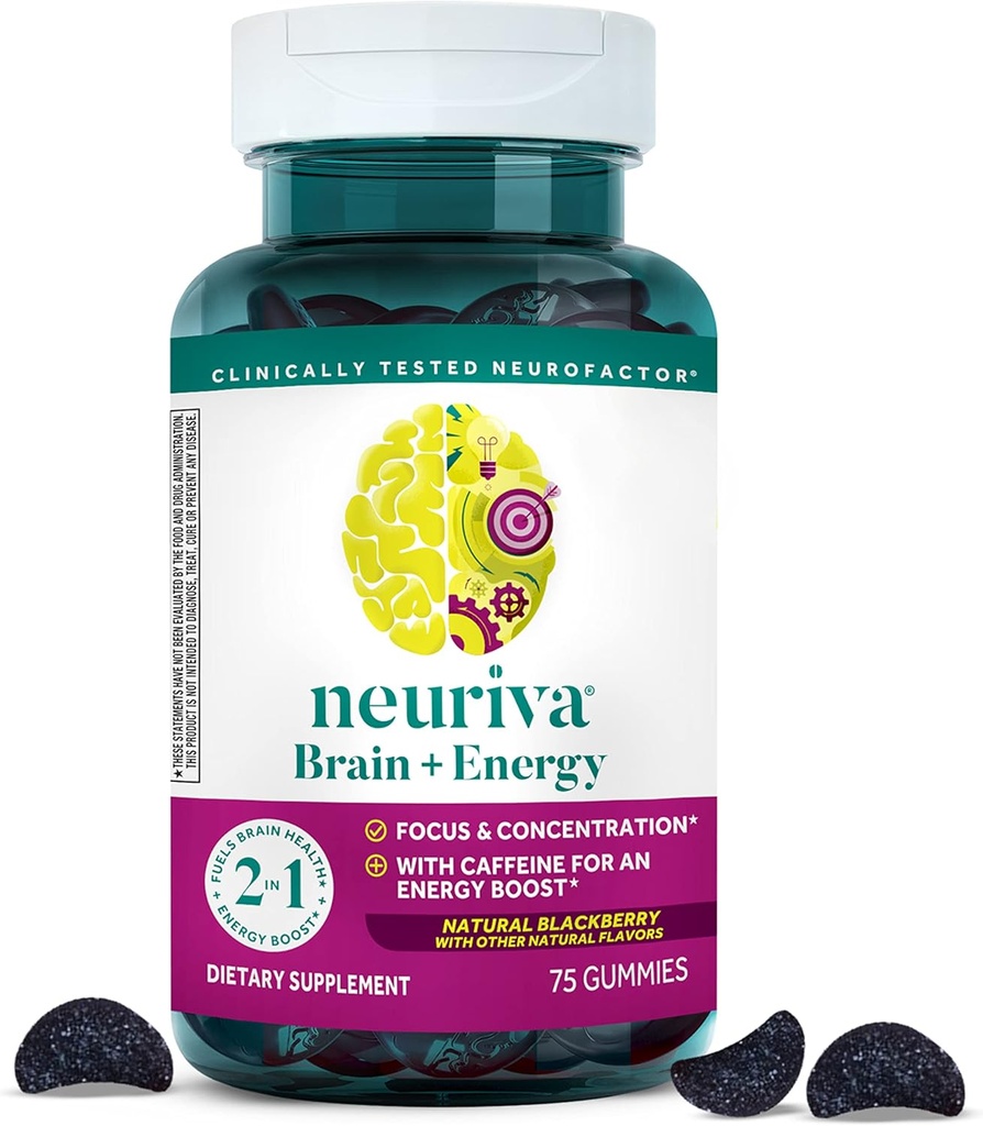 NEURIVA Brain + Energy Gummies, Nootrop Brain Kosttilskud til fokus og koncentration med Neurofaktor, Vitamin B12 & Koffein til en Energy Boost *, 75kt Natural BlackBerry