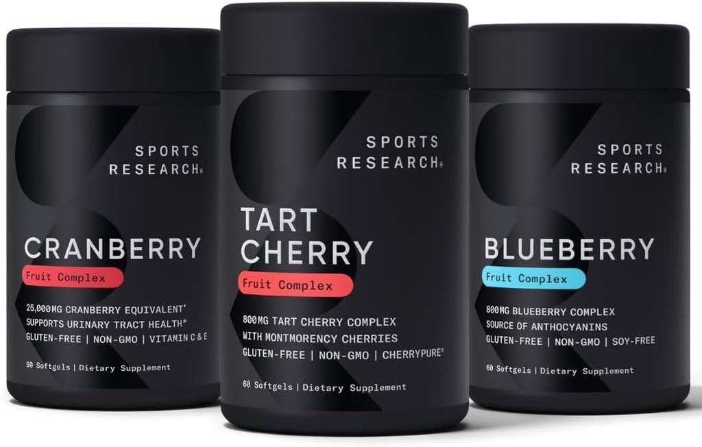 Sports Research Tart Cherry Koncentrat (fra Montmorency Tart Cherries), Tranebær Frugtkompleks (med Pacran & Vitaminer C & E) & Hele Frugtblåbær Koncentrat (fra Økologiske Blåbær)