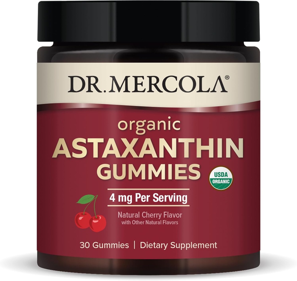 Dr. Mercola Organic Astaxanthin Gummies, 30 Servere (30 Gummies), 4 mg Per Servering, Kosttilskud, Antioxidant og immunforsvar, Certificeret Organisk, Non- GMO