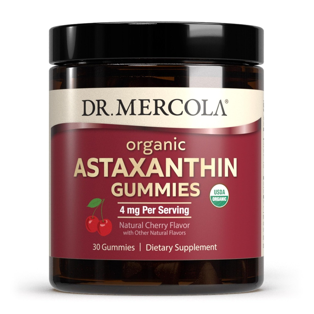 Dr. Mercola Organic Astaxanthin Gummies, 30 Servere (30 Gummies), 4 mg Per Servering, Kosttilskud, Antioxidant og immunforsvar, Certificeret Organisk, Non- GMO