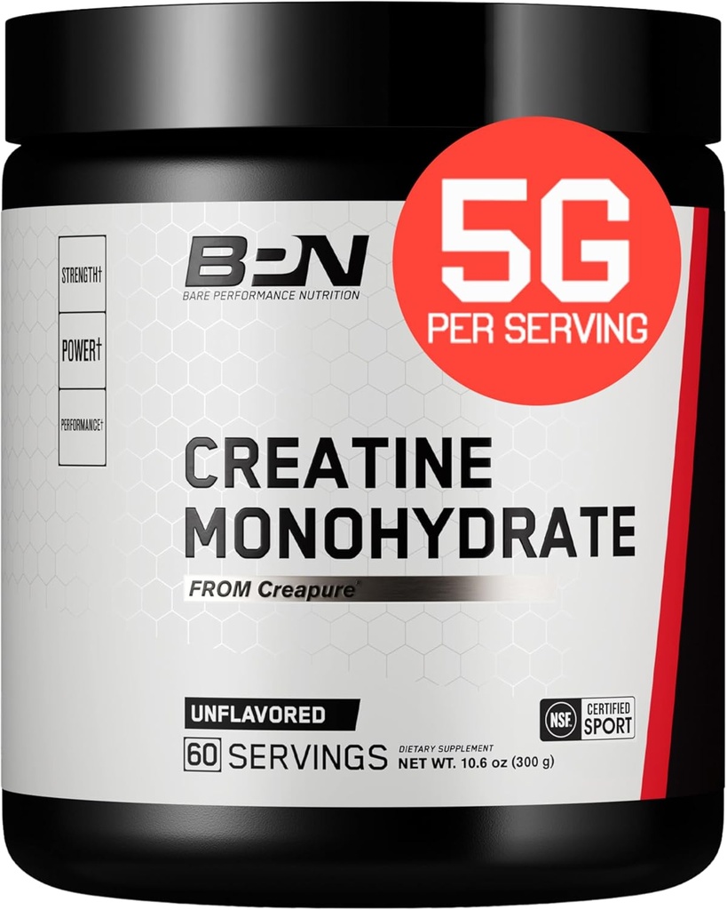 BARE YDEEVNE NETRITION, BPN Pure Creatin Monohydrat Pulver af Creapure, 5g Creatin per Serving, Understøtter muskelvækst, Unflavored Creatin Powder, 60 Servering