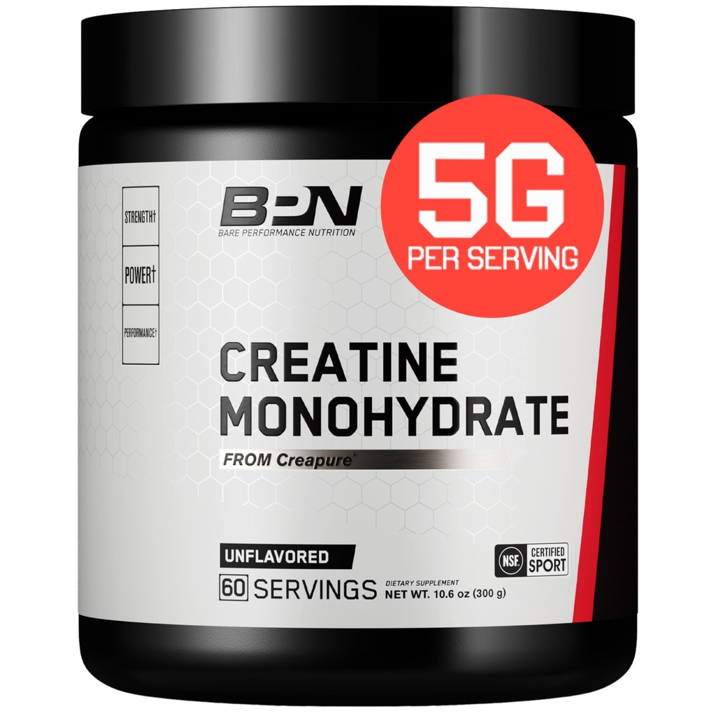 BARE YDEEVNE NETRITION, BPN Pure Creatin Monohydrat Pulver af Creapure, 5g Creatin per Serving, Understøtter muskelvækst, Unflavored Creatin Powder, 60 Servering