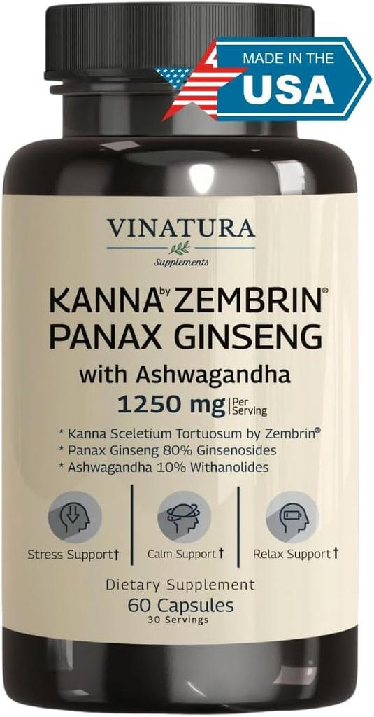 VINATURA Kanna Zembrin Sceletium Tortuosum - 50mg Kanna / Servering, med Ashwagandha, Ginseng * Brain Health, Stress Relief Support * Panax Ginseng 80% Ginsenosides Ashwagandha Capsules 10% Ritanolides