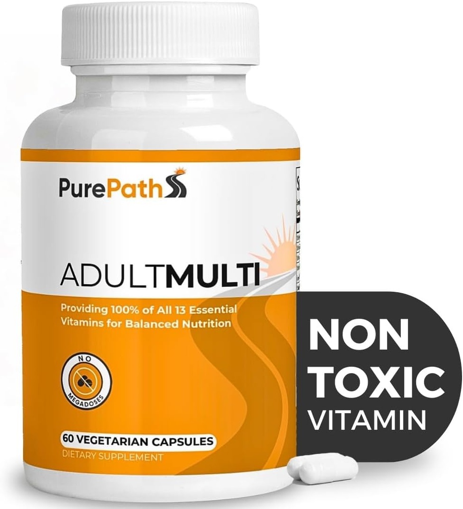 PurePath Non- Toxic Voksen Multivitamin - 13 Vitamin - 100% RDA - Ingen skadelige megadoser - med B6 & B12 - Supplement for optimal energi, fokus og lang levetid - 60 kapsler - 30 dages forsyning