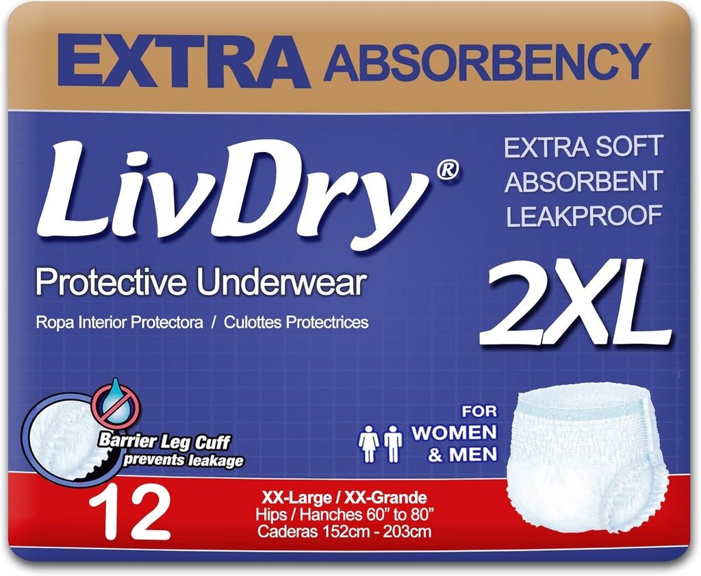 LivDry Voksen XXL Inkontinens Undertøj, Ekstra Absorbency Voksen bleer, Læbe Beskyttelse, XX- Stor, 12- Pack