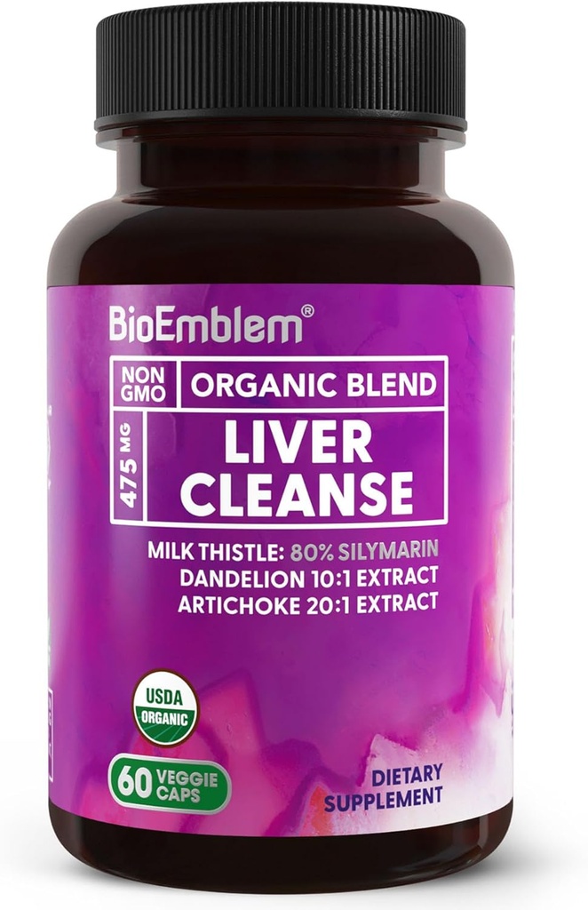 BioEmblem USDA Organic leverrense - 80% Silymarin Milk Thistle Extract for lever sundhed og lever funktion med Mælkebøtte & Artiskoke Ekstrakter - 100% Vegan, Non- GMO - Urtelever - 60 kapsler