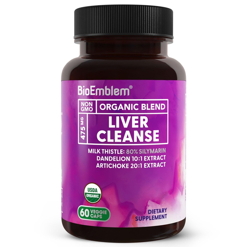 BioEmblem USDA Organic leverrense - 80% Silymarin Milk Thistle Extract for lever sundhed og lever funktion med Mælkebøtte & Artiskoke Ekstrakter - 100% Vegan, Non- GMO - Urtelever - 60 kapsler